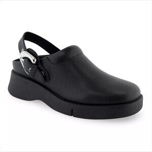 Aerosoles Black Leather Silver Heel Buckle Platform Clogs Women US 7.5M